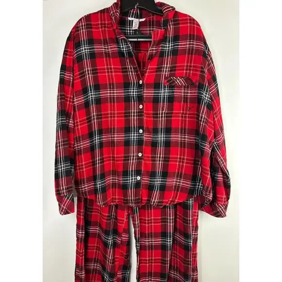 Victoria's Secret Shimmer Flannel Long Sleeve Shirt Pants Plaid Pajama Set Large - Picture 5 of 16